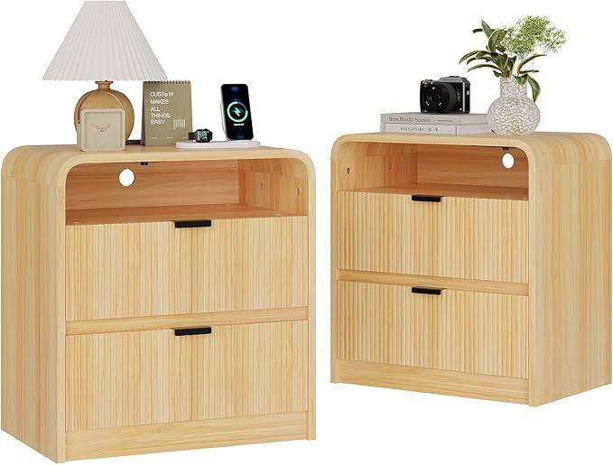 24” Fluted Nightstand Set of 2, Modern Bedside Table with Charging Station, Curved Profile Design, Wooden End Table with Storage for Bedroom, Living Room, Natural Oak