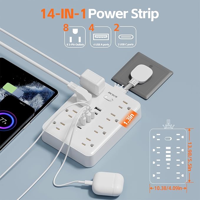 Surge Protector Power Strip(900J) -MCSCN 8 Outlets 6 USB - 15A/1875W - Ultra-Thin Plug & Cord - UL Certified - Home/Office Use