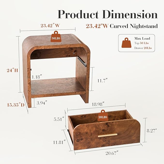 Night Stand Set of 2 [Unique Curved Profile] [FSC-Certified Wooden Board] 1-Drawer and 1 Storage Shelf Nightstand 24" H Metal Handle Modern Bedside Table Side Table End Table