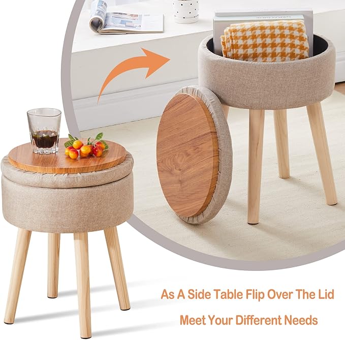 Mxfurhawa Storage Ottoman Linen Round Vanity Stool Tray Top Modern Foot Stool with Wood Legs Multifunctional Upholstered Foot Ottoman Rest for Living Room, Bathroom, Makeup (Khaki)