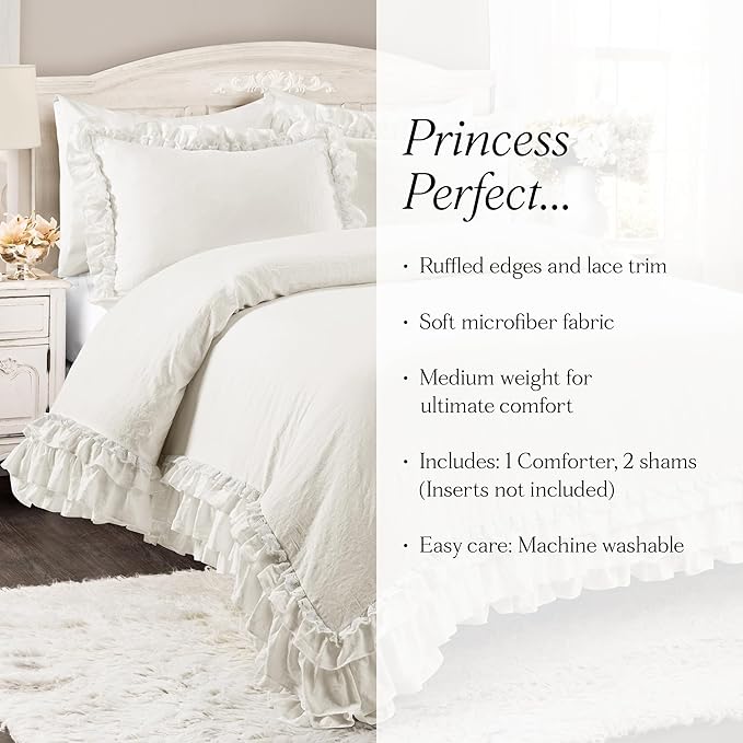 Lush Decor Ella Ruffle Lace Comforter, 3 Piece Set, Full/Queen, White - Cute Comforter - Queen Bedding Set - White Bedding Full Size - Coquette Decor - Ruffle Trim - Lace Trim