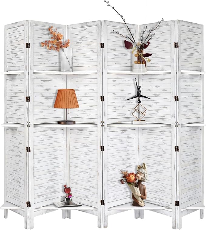 Bonnlo 6 Panels Wood Room Divider with Shelves, 6 FT Height Folding Privacy Screens, Indoor Freestanding Room Partition Wall Divider, Hinged Space Separator (Grey, 6 Panel)