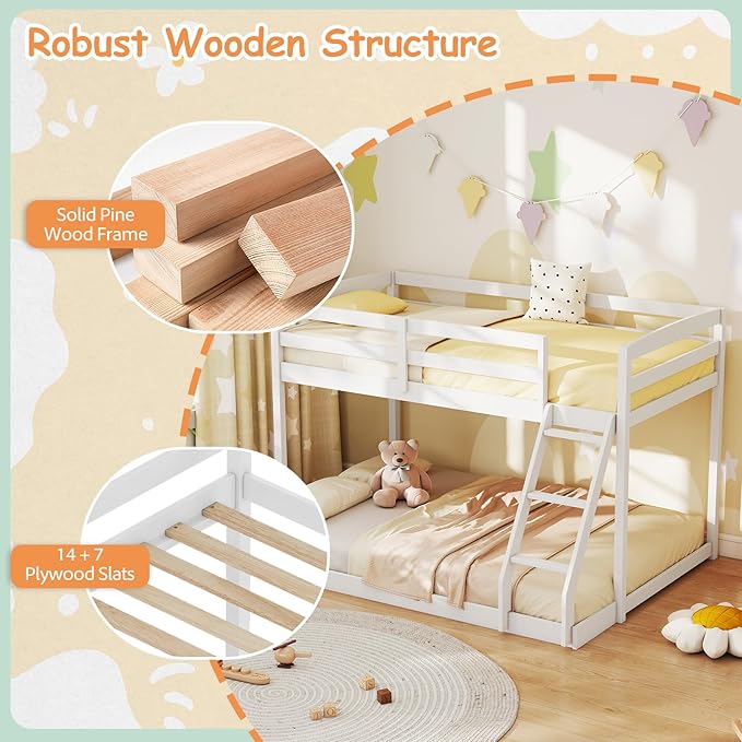 KOMFOTT Low Bunk Bed Twin Over Full, Solid Wood Twin Bed Frame with Built-in Ladder & Safety Guardrails, Space-Saving Low Bunk Bed for Kids, Teens, No Box Spring Needed