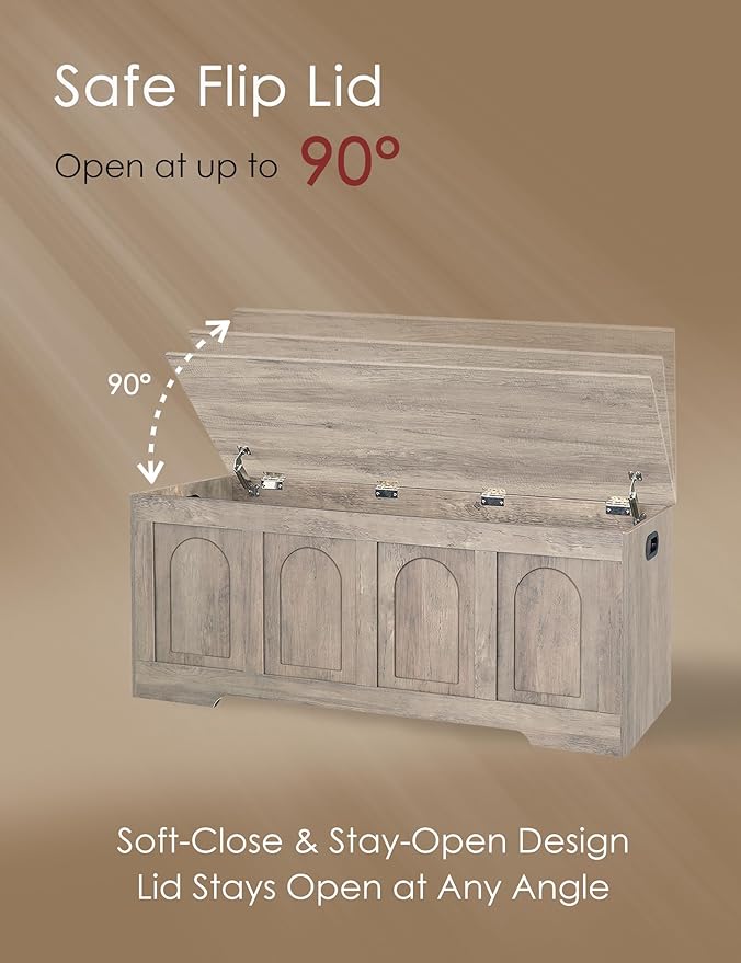 DINZI LVJ Storage Chest, 47.2" Rattan-Like Toy Box with 2 Safety Hinges, Wooden Entryway Storage Bench with Flip-Top, Large Trunk for Living Room, Bedroom, Easy Assembly, Greige