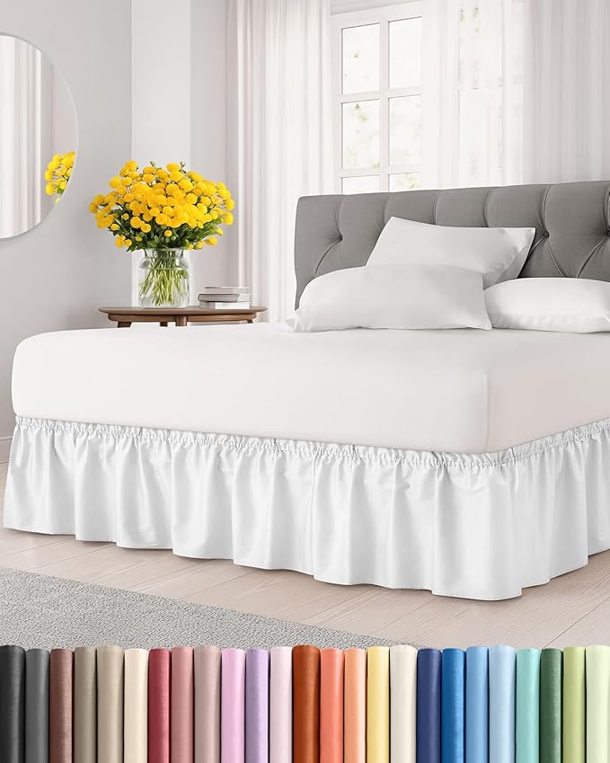 Wrap Around Dust Ruffle Bed Skirt - White - Twin/Twin XL Size Beds with 18 Inch Drop - Easy Fit Elastic Strap - Adjustable Pleated Bedskirt w/Brushed Fabric - Wrinkle Free - Women, Men, Kids & Teens