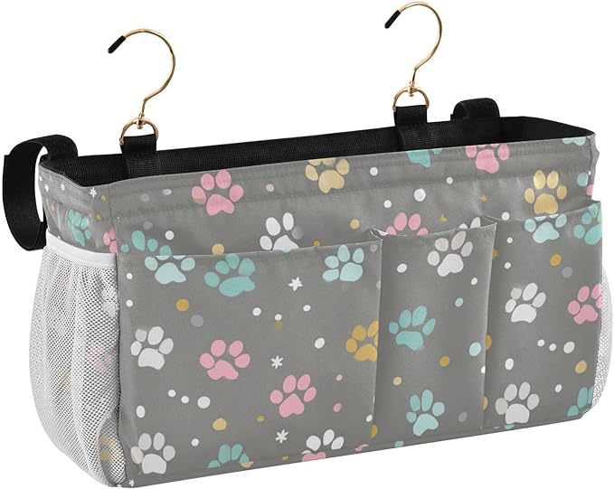 Bedside Caddy Hanging Bunk Bed Caddy Bed Organizer Hanging Pocket with 2 Hooks Bedside Storage Organizer Pocket Bag Holder Paw Print Dots Stars Grey