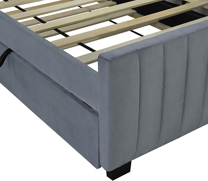 Twin Bed Frame with Trundle Bed,Velvet Upholstered Bed Frame,Twin Size Trundle Bed with Headboard,Upholstered Platform Bed Twin for Kids Teens Adults(Gray)