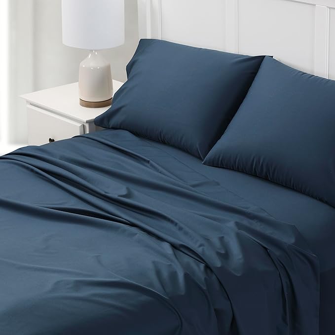 Cuddledown Dreamstead 100% Cotton Bed Sheets Set | 300 Thread Count | Luxurious Sateen Weave | Pure Combed Cotton | Soft | Wrinkle Resistant | 3 Piece Set | Navy | Twin | 39” x 75”