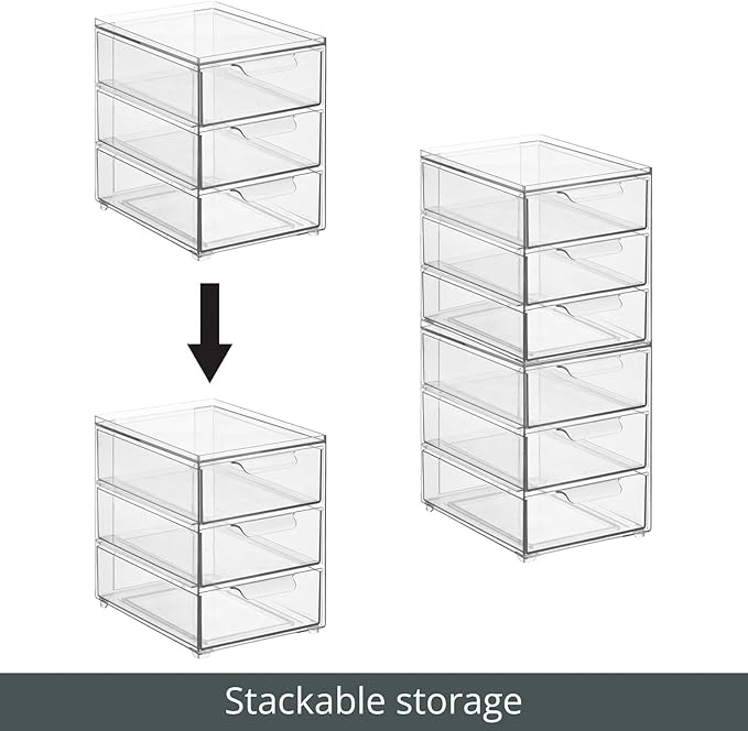 mDesign Plastic Stackable Organizer with 3 Drawers - Pull-Out Drawer Storage Bin for Bathroom Sink/Cabinet Organization - Perfect for Makeup, Small Towels, and More - Lumiere Collection, Clear