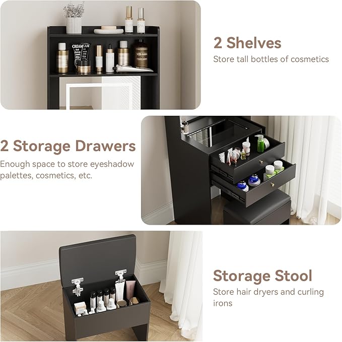 ARTETHYS Small Vanity Desk Set with 3 Adjustable Lighted Mirror and Storage Chair Mini Black Makeup Vanities Set for Bedroom Compact Make up Dressing Table with Fold-up Panel for Tiny Space