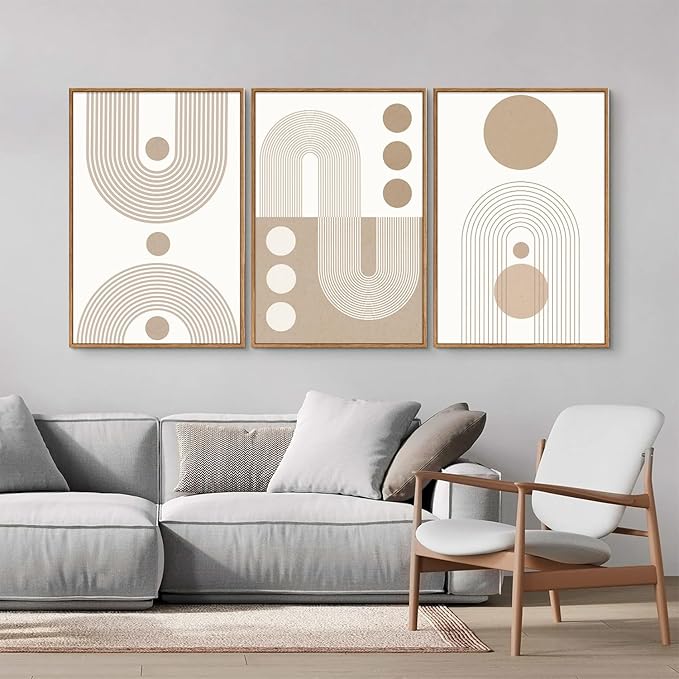 YeeHomedec Boho Beige Neutral Framed Canvas Wall Art, Mid Century Modern Wall Decor, Bohemian Abstract Minimalist Artwork, Geometric Line Circle Art Painting for Living Room Bedroom Office 16"x24"x3