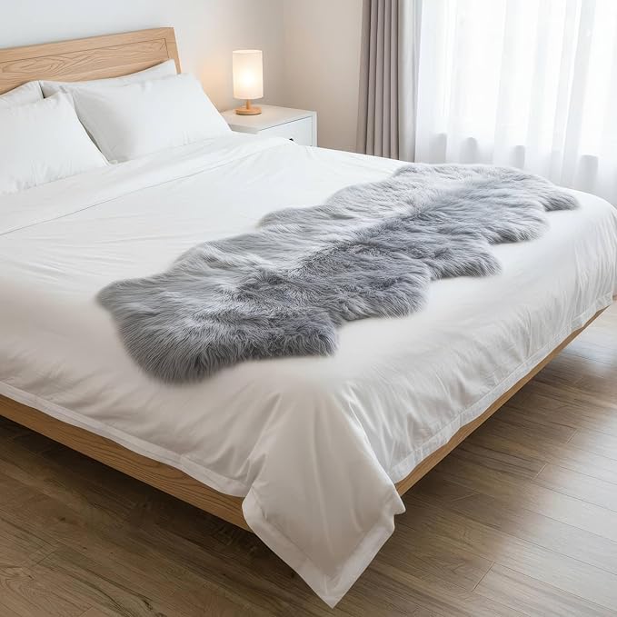 Super Area Rugs Premium Silver Gray Sheepskin Rug Genuine Double 2x6ft Pelt Fluffy Fur Rug for Bedrooms