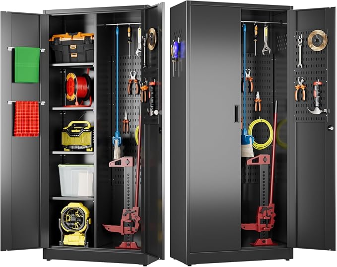 27.55 in Wide Garage Storage Cabinet, Metal Storage Cabinet with Pegboards and 4 Adjustable Shelves, Garage Storage System with Lockable Door for Offices, Gyms and Pantries, Black