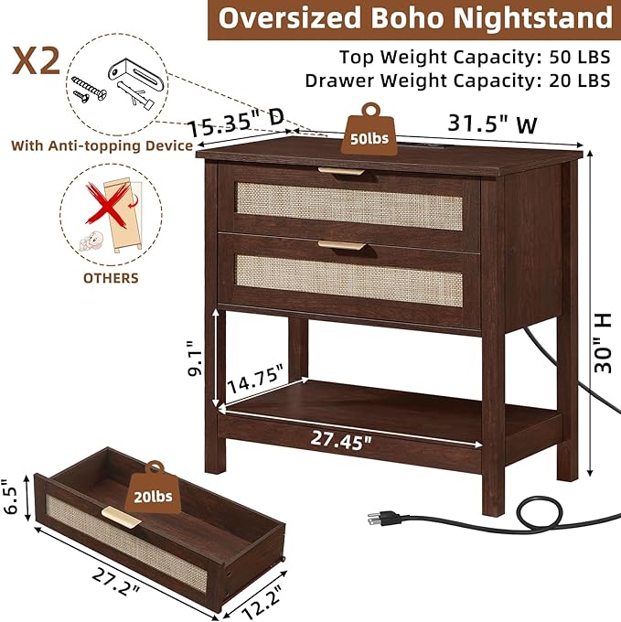 LEYAOYAO 31.5" Wide Rattan Night Stand with Charger Station, Oversized Large Walnut Nightstand with 2 Drawer, Boho Bed Side End Tables with Storage, Tall Bedside Table for Bedroom Living Room, Hallway