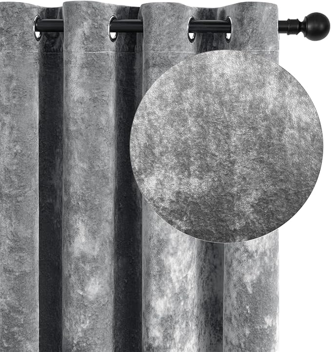 SMILETIME Grey Crushed Velvet Curtains 52x90 inch Luxurious Thermal Insulated Soundproof Drapes for Living Room Bedroom Office Soft and Durable Light-Filtering Window Treatments, 2 Panels