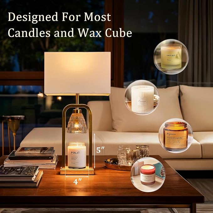 PoKat Gold Table Lamps with Candle Warmer & Timer for Bedroom, Mid Century Modern Modern Bedside Lamps Set of 2 for Night Stands, 21.5'' Bedroom Lamps Decor for Living Room Hallway, Bulbs Included