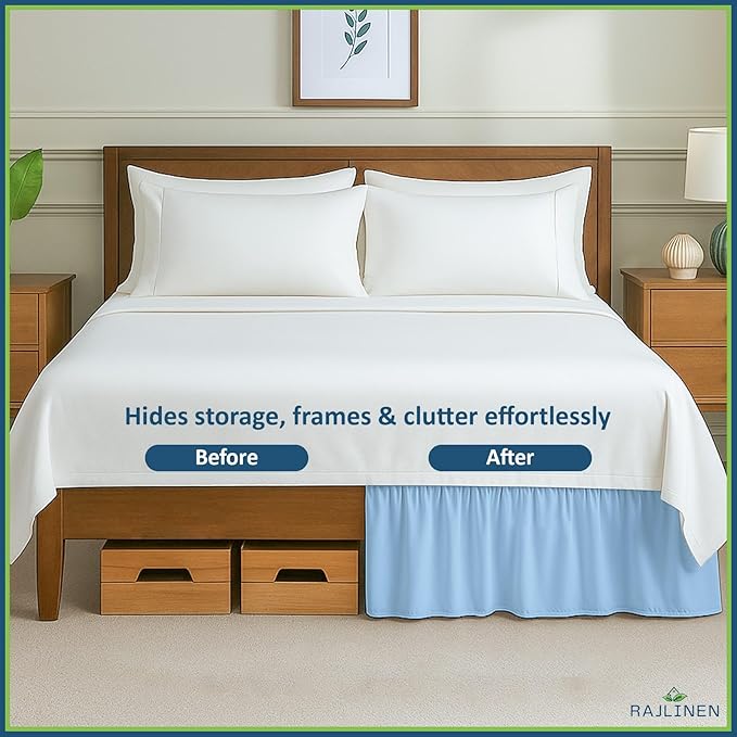 Rajlinen Ruffled Bed Skirt Twin XL, 14 Inch Drop Dust Ruffle with Split Corners, 100% Microfiber Bedskirt with Platform, Three-Sided Coverage Ruffled Gathering Design, Light Blue