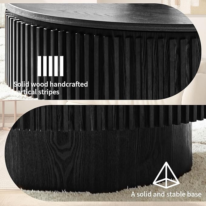 LKTART Round Coffee Table for Living Room, Accent Fluted Drum Coffee Table with Storage, Modern Solid Wood Veneered Circle Center Tea Table for Small Space Apartment (31.5''D×14''H-Black)