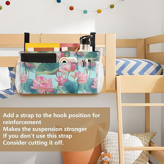 Bedside Caddy Hanging Bunk Bed Caddy Bed Organizer Hanging Pocket with 2 Hooks Bedside Storage Organizer Pocket Bag Holder Pastel Lotus Leaf Stem Floral
