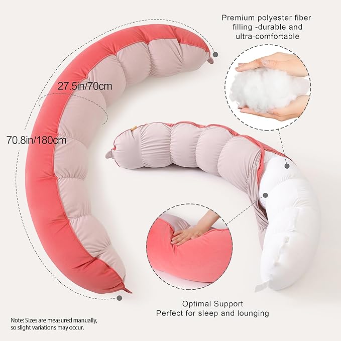 Peallow(Pat. Pend) – Long Round Body Pillow for Adults, Bolster Pillow for Sleeping, Soft and Supportive Pillow for Sleeping & Lumbar Support(Coral Peach,59")