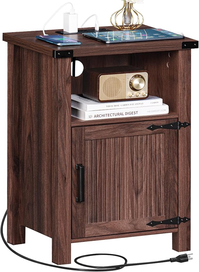 Joaxswe Night Stand, 18 Inch Farmhouse Nightstand with with Charging Station and USB Port, Rustic Couch End Table with Magnetic Door, Wood Bed Side Tables for Bedroom, Home, Brown Walnut
