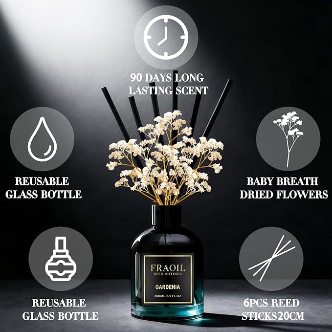 Gardenia Reed Diffuser, Reed Diffuser Set 6.7 fl oz (200 ml) with 6 Reed Sticks, Home Fragrance Reed Diffuser for Bathroom Shelf House Bedroom Office Decor