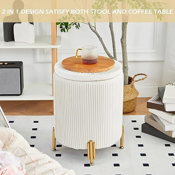 Mxfurhawa Round Ottoman Foot Stool with Storage and Metal Legs for Living Room Bedroom, Velvet Upholstered Footrest Stool Support 300lbs Modern Padded Seat Ottoman Coffee Table (Cream)