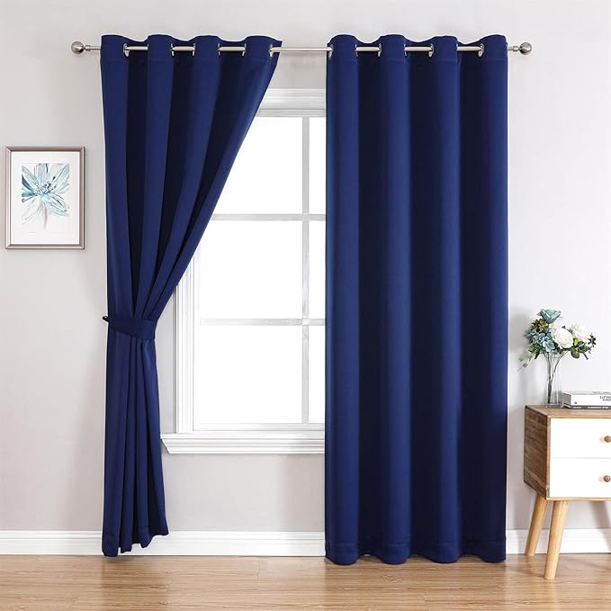 MIUCO 1 Pair Thermal Insulated Grommet 52-Inch-by-84-Inch Blackout Window Curtain Panels with 2 Tie Backs, Navy Blue
