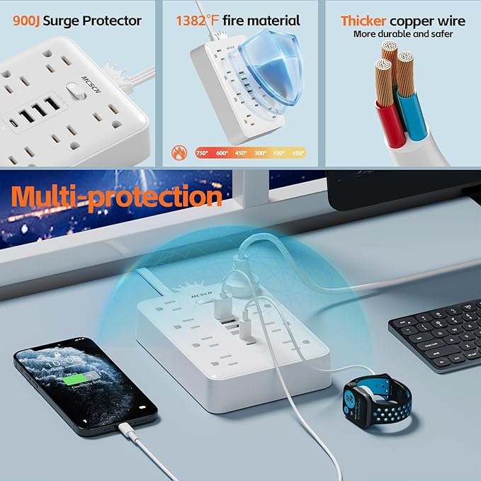 Surge Protector Power Strip(900J) -MCSCN 8 Outlets 6 USB - 15A/1875W - 10ft Extension Cord,Ultra-Thin Plug & Cord - UL Certified - Home/Office Use