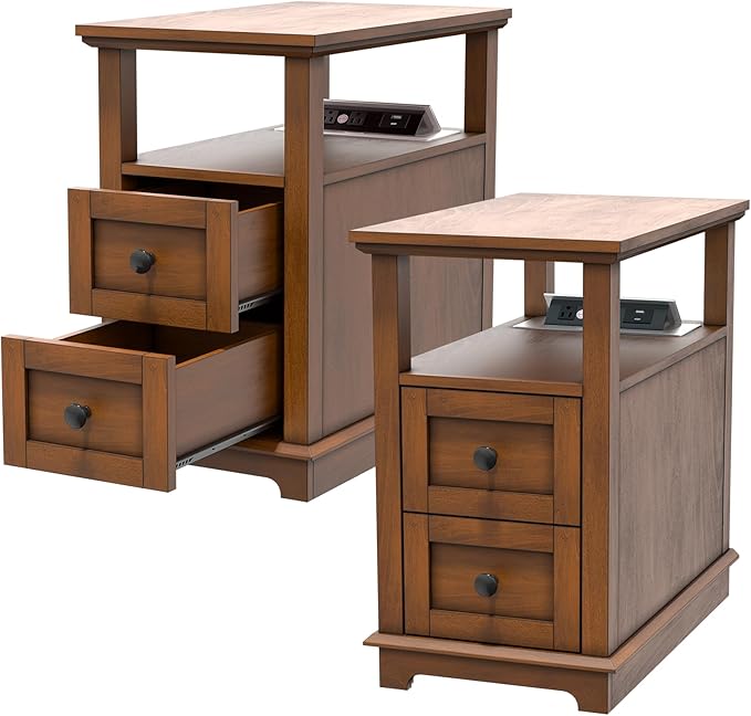 HIFYOBRO End Table with Flip Top Charging Station Set of 2, Narrow Side Table with 2 Drawers, Type-C & USB Port & Power outlets, Wooden Nightstand for Living Room and Bedroom