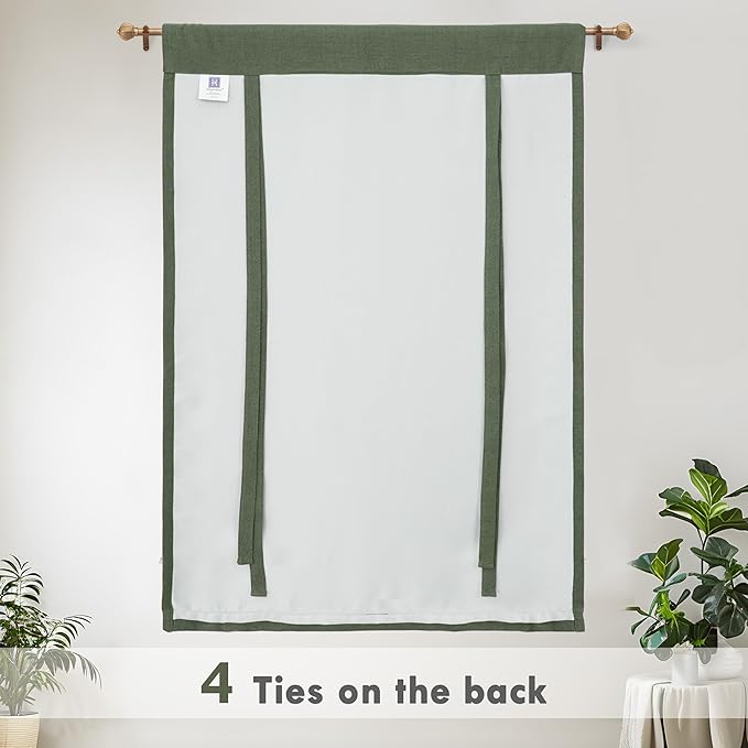 DriftAway Double Layer Linen Blackout Tie Up Curtains Thermal Insulated Fully Lined Balloon Roman Shade Bathroom Window Adjustable Rod Pocket for Small Window 45 Inch by 63 Inches Olive Green