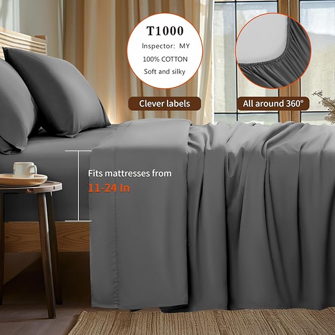 LBRO2M 100% Cotton Sheets Set Deep Pocket 24", 1000 Thread Count King Size 4 Piece Bed Sheet Sets Soft Comfortable Bedding All Season (King, Dark Gray)