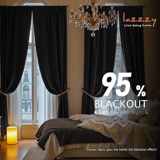 Lazzzy Velvet Blackout Curtains Thermal Insulated Room Window Drapes Super Soft Luxury Curtains for Living Room Bedroom Rod Pocket 2 Panels, Black, 42" W x 84" L