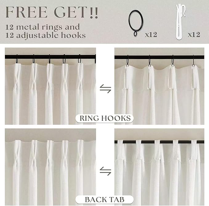 Extra Wide 60 Inch Width Pinch Pleated Curtains 90 Inch Length for Living Room Thick Linen Boho Curtain Memory Shape Light Filtering Privacy for Bedroom Large Windows Hooks Rings Cream 1 Panel 60x90