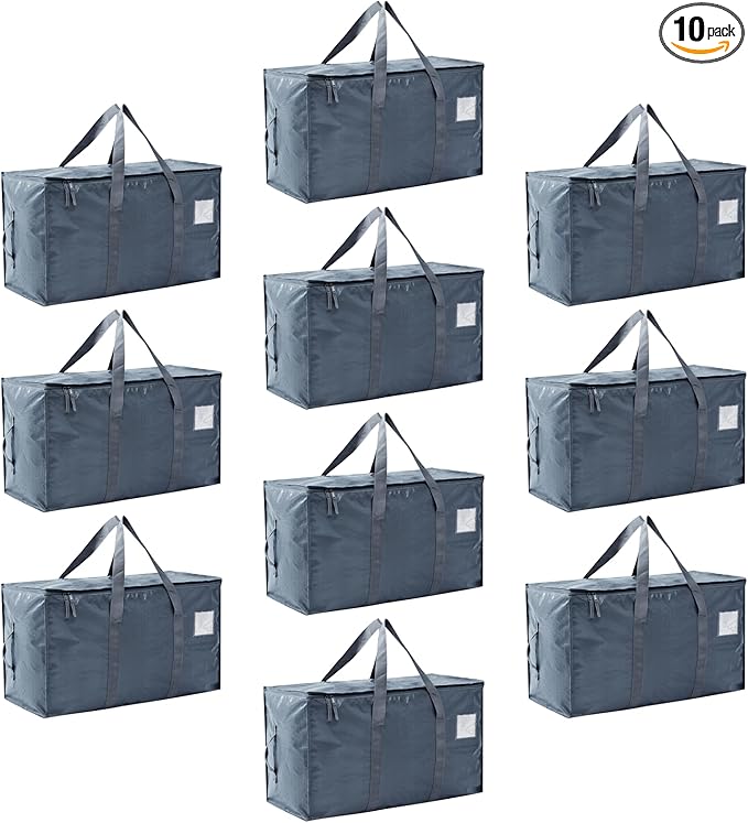 Moving Bags Heavy Duty Extra Large, Moving Boxes, Moving Supplies Essentials, Storage Bins with Lids, Plastic Packing Totes, Storage Bags for Clothes with Handles & Zippers(Grey, 10 Pack)
