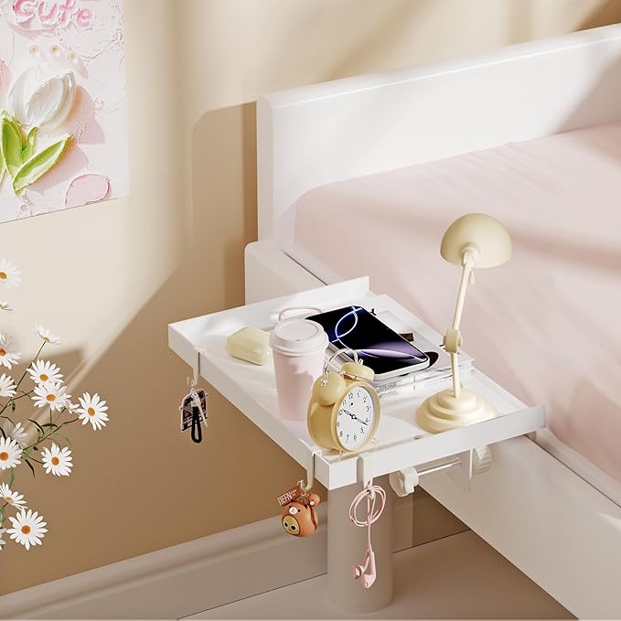 Foldable Bedside Shelf, Metal Clip-On Bed Tray Table for Bunk Bed & Dorm Beds, Dorm Room Essentials Organizer for College Students, Floating Tray, Space Saving Nightstand for Loft Beds (White, Small)