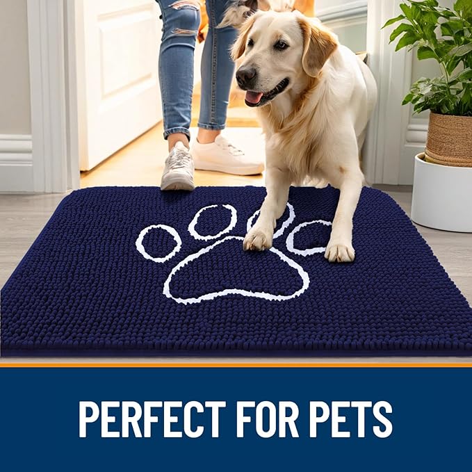 OLANLY Dog Door Mat for Muddy Paws 48x30, Paw Print Design, Absorbs Moisture and Dirt, Absorbent Non-Slip Washable Doormat, Quick Dry Chenille Mud Mat for Dogs, Entry Indoor Entryway Carpet, Navy Blue