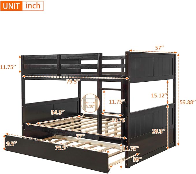 STERXONE Best Thicken Solid Wood Full Over Bunk Bed with Trundle, Luxurious Frame Size Safety Guard Rail and Ladder, Convertible to 2 Beds for Adults, Teens, Kids (Espresso)