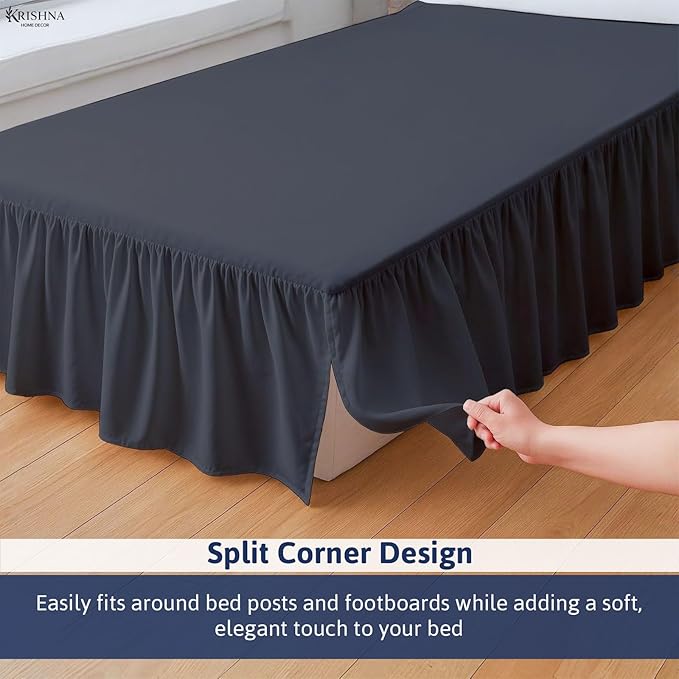 KRISHNA Ruffled Bed Skirt with Split Corners Twin, 100% Microfiber Hotel Quality, 21 Inch Drop Dust Ruffle Gathered Bedskirt with Platform, 39" x 75", Dark Grey
