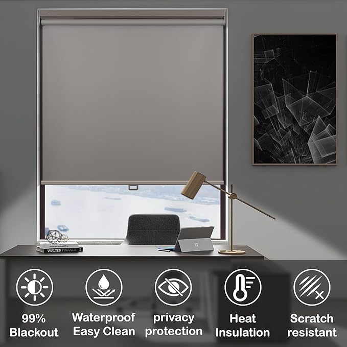 HESTIA No Drill Cordless Blackout Roller Shades Screwless Waterproof Shower Window Blinds, Auto-Retraction Easy Install Blind for Bathroom/Kitchen/Office/Exterior, Grey, 39" W x 72" H