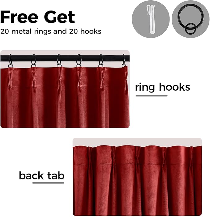 Pinch Pleated 100% Blackout Curtains for Bedroom, Red Velvet Curtains for Living Room, Black Out Curtain 96 inch Long Room Darkening, Blackout Pinch Pleat Drapes with Hooks 2 Panels