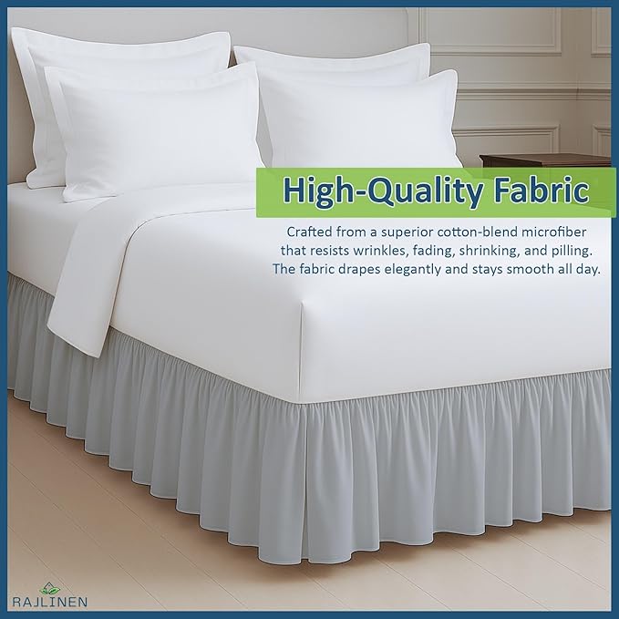 Rajlinen Ruffled Bed Skirt Full, 15 Inch Drop Dust Ruffle with Split Corners, 100% Microfiber Bedskirt with Platform, Three-Sided Coverage Ruffled Gathering Design, Light Grey