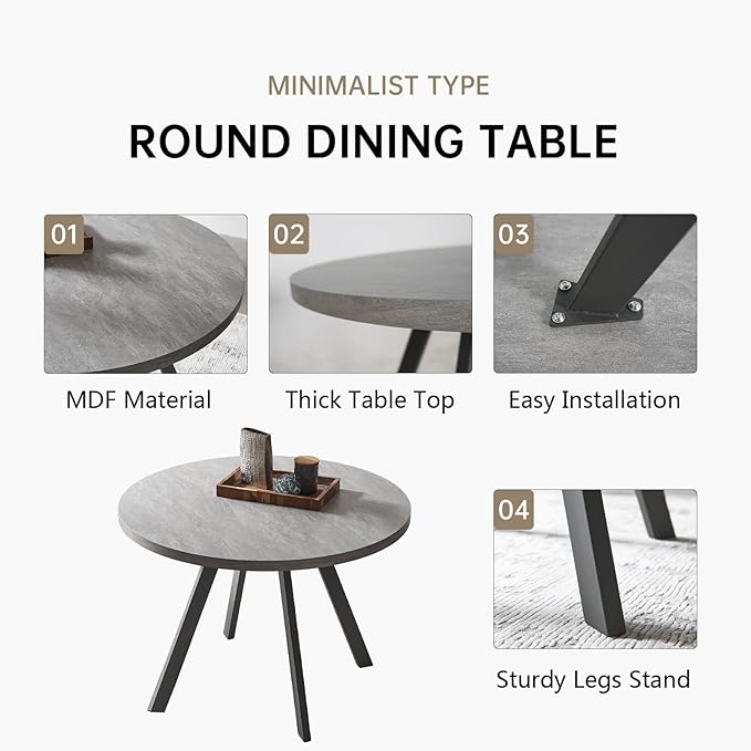 34.6'' Round Dining Table and Chairs for 2, Space Saving Modern Casual Coffee Table Set for Apartment Kitchen Dining Room (Grey Table+2 Brown Chairs)