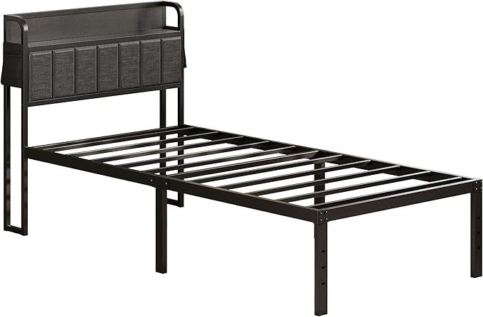 16 Inch Twin XL Bed Frames with Upholstered Storage Headboard, Heavy Duty XL Twin Bed Frame No Box Spring Need, Gray