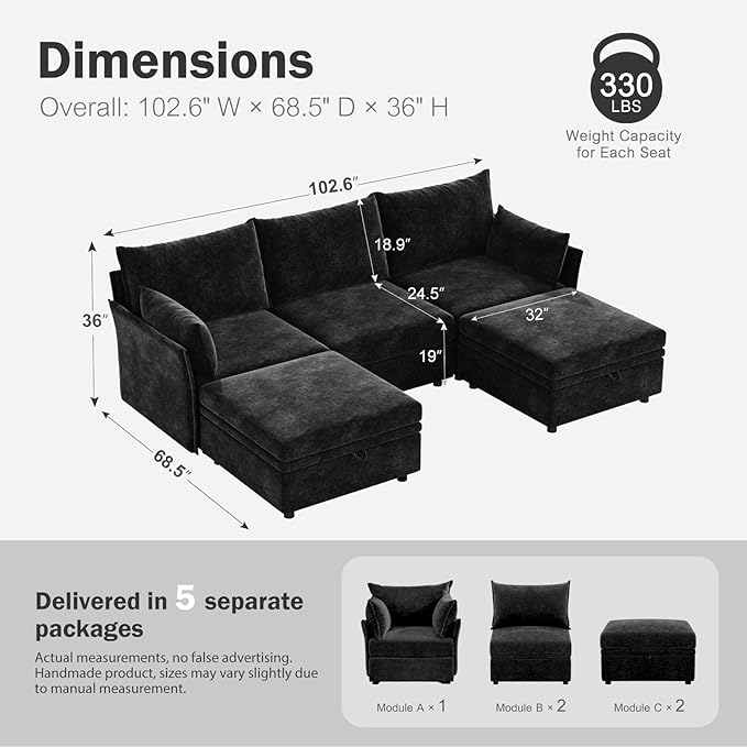 ABCASA 102.6" U Shaped Modular Sectional Sofa, 5 Seater Couch with Storage Ottoman Deep Seat and High Backrest with Removable Cover for Living Room, Apartment - Chenille Black