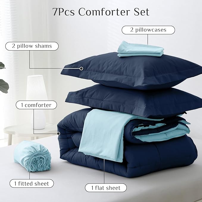 JOLLYVOGUE King Comforter Set, Ultra-Soft Bed in a Bag King Size 7 Pieces, Oeko-TEX Certified Bedding Set with Down Alternative Comforter, Sheets, Pillowcases & Shams, Navy & Light Blue