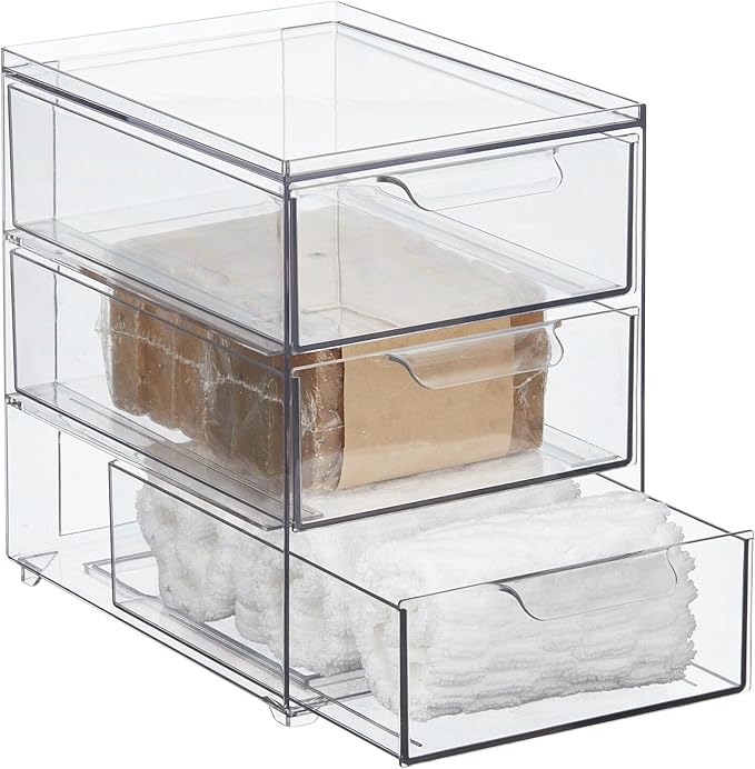 mDesign Plastic Stackable Organizer with 3 Drawers - Pull-Out Drawer Storage Bin for Bathroom Sink/Cabinet Organization - Perfect for Makeup, Small Towels, and More - Lumiere Collection, 2 Pack, Clear