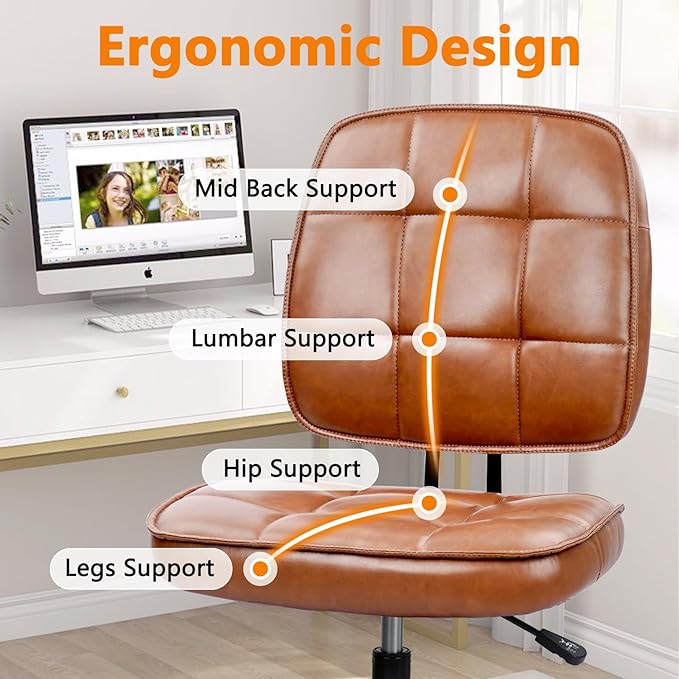 CLATINA Armless Home Office Chair with Lumbar Support and Wheels, Small PU Leather Ergonomic Low Back Desk Chairs No Arms, Adjustable Height 360° Swivel Rolling Computer Task Chair, Brown