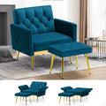 Velvet Accent Chair w/Adjustable Armrests and Backrests, Tufted Single Sofa with Ottoman, Upholstered Reading Chiar for Living Room, Apartment, Bedroom, Teal