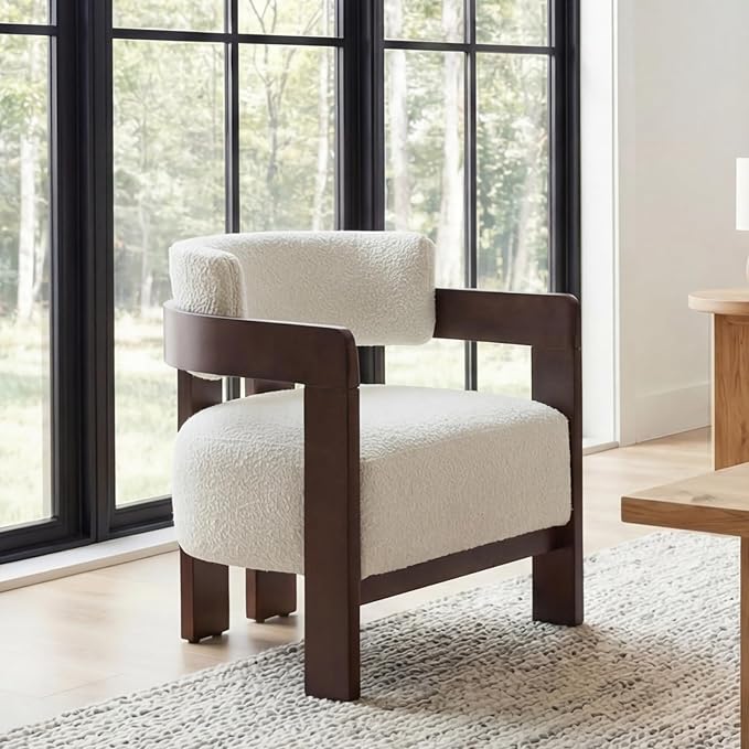 Beige Barrel Accent Chair, Cozy Upholstered Living Room Chair for Bedroom, Walnut Wood Frame, Vintage Modern Lounge Reading Chair for Apartment Waiting Room Office,1 PCS, Beige
